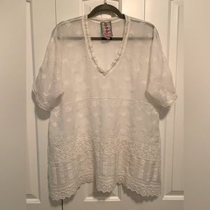Johnny Was cream blouse v-neck sheer embroidered Lrg